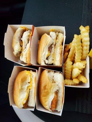 crispy chicken slider, double cheese burger sliders and fries!