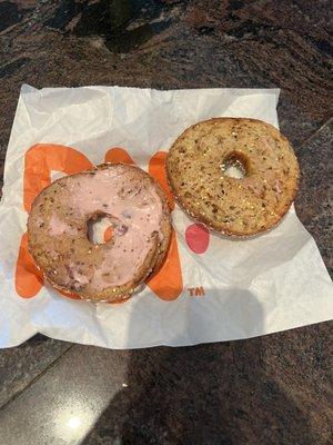 Ordered 2 bagels with cream cheese and both looked like this.