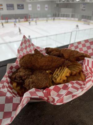 Best deal in town! Chicken strip basket with seasoned waffle fries.