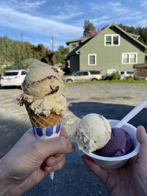 Pear chocolate ice cream + cheesecake & blueberry ice cream