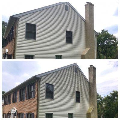 SoftWashing Vinyl Siding & Stucco Chimney. Safely Cleaning Mildew, Algae, Dirt & Grime.