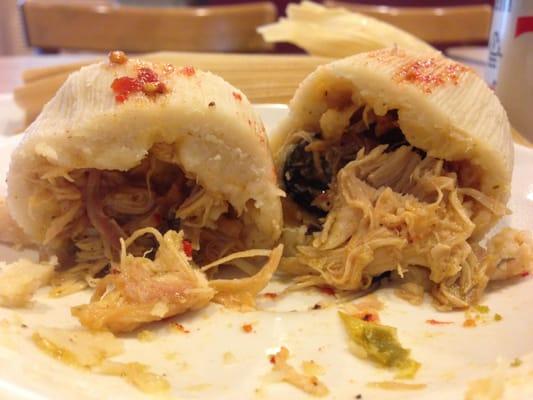 Shredded chicken inside the tamales