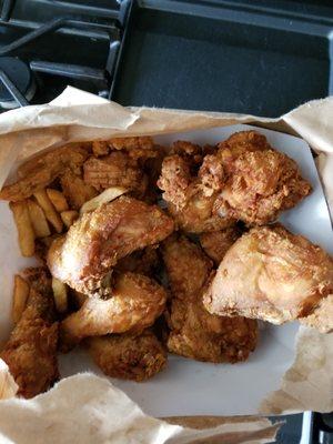 Thurs - July 30, 2020 How the Bag / Basket looked like with chicken, some Fries and Cauliflower. (removed bag of fries).