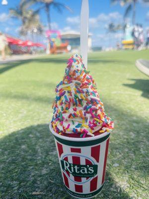 Cherry gelati with vanilla custard and rainbow sprinkles. A must have here!