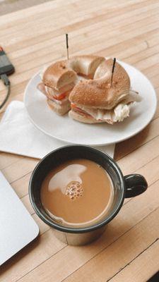 Simple cup of coffee with cream  & my fav bagel sandwich (Ham, apple, Gouda)