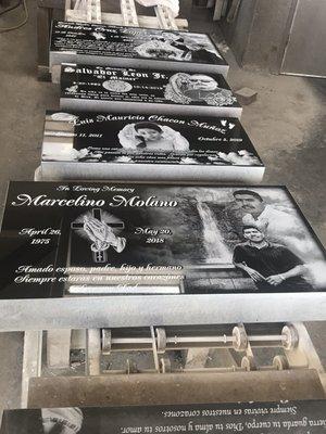 Headstone, grave markers, memorials, black granite, photo engraving, custom designs, black and white photo, crosses, tombstone, cemetery,