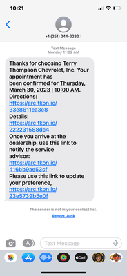 Scheduled appointment text from Terry Thompson. Where obviously wasn't a problem that I bought a truck from someone else other than them.