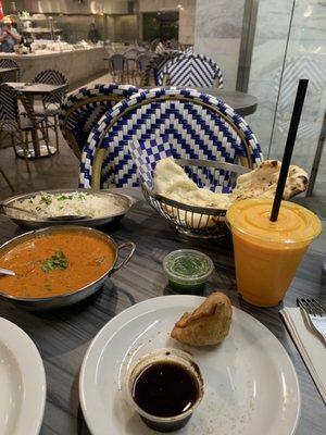 Chicken Tika Masala, samosas, mango lassi, plain naan