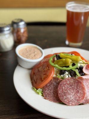 Antipasto salad and Mac & Jack's beer.