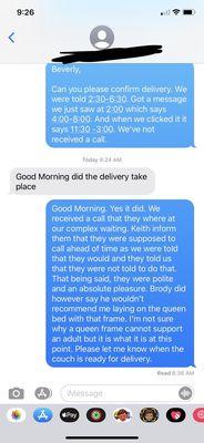 Delivery message with comment on queen bed