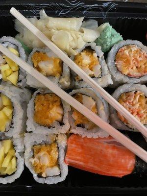 Crab Stick a la Carte, Spicy Crab Meat Roll, Spicy Shrimp Roll, Shrimp Mango Roll.