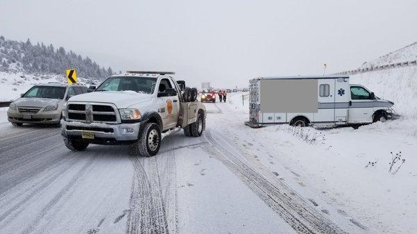 Pulling ambulance out of ditch