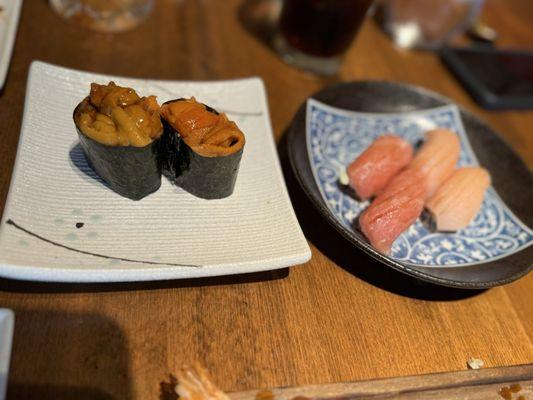 Uni, hamachi and toro- Toro was excellent if you like rich sushi