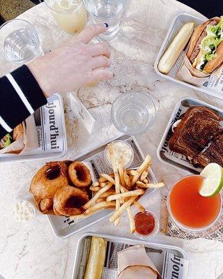 onion rings, fries, mushroom reuben