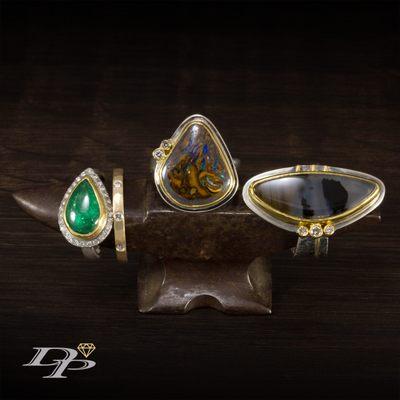 One-of-a-kind handmade rings featuring tsavorite garnet, boulder opal, Montana agate, and diamonds set in 18k gold and sterling silver