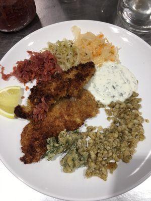 From their Octoberfest cooking class - pork schnitzel, spaetzle dumplings, 3 kinds of sauerkraut, and fixings!