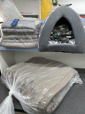 Blankets, towels and pet beds.