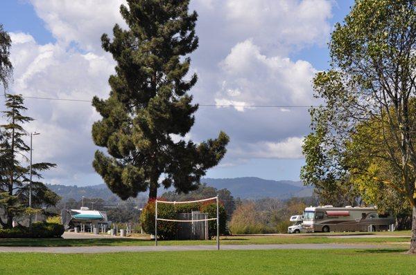 Volleyball net and RV Park in the distance.