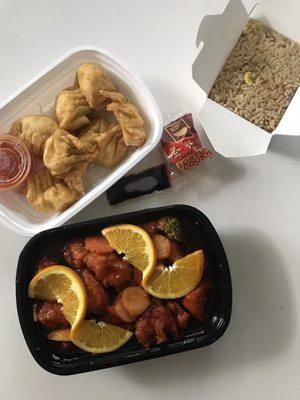 Orange chicken, fried rice, and cheese wontons.