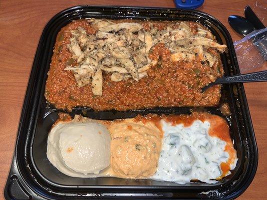 Chicken Shawarma atop Organic Quinoa Salad with Hummus, Fire Feta, and Cucumber Yogurt