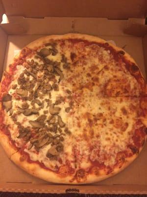 Large pizza, half cheese, half sausage and mushroom.