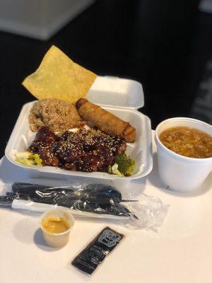 Sesame Chicken lunch, with broccoli  in roasted sesame sauce, fried rice, egg roll, hot & sour soup