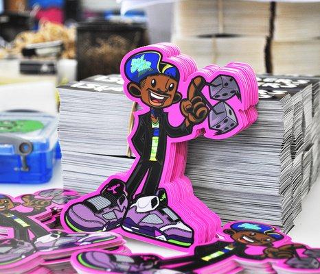 Custom Die Cut Stickers with an eye-catching pink color splash.