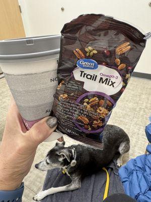 Coffee and a snack bag of trail mix to help with the wait.