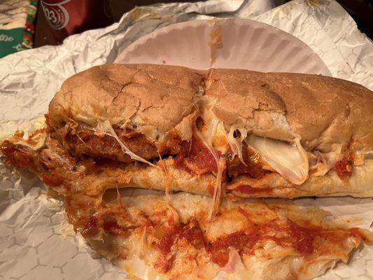 Chicken Parm Oven Baked Sub - paper plate stuck to cheese