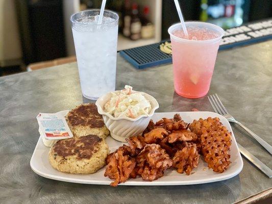 Crabcake Dinner with coleslaw and sweet potato fries