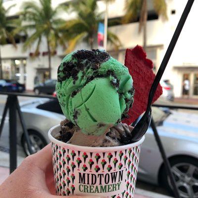 Mint Oreo and Cookie Crumble (Fudge ice cream with crushed cookies/Oreos) and a red waffle cone piece.