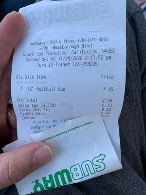 Receipt of Meatball Marinara Sandwich I purchased