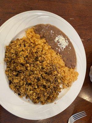 Chorizo Con Huevos, rice and beans