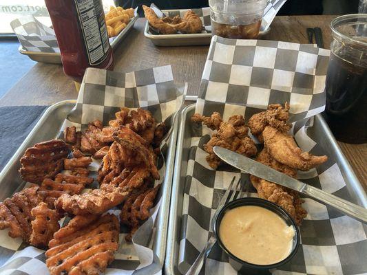 3 piece chicken tenders and sweet potato fries. Tenders came highly recommended by the locals.