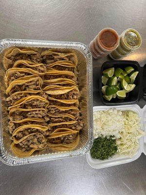 20 Chicken street tacos with toppings $25