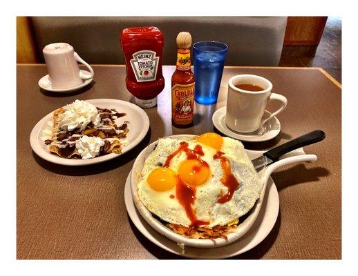 Tijuana Skillet (3eegs) Side of Crepes w/extra Cinnamons Apples & Coffee.Pretty Good!Briana's Pancake House.Hanover Park, IL  Cool!