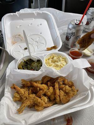 Collard greens, mac n cheese & fried shrimp.