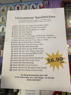 Banh mi menu