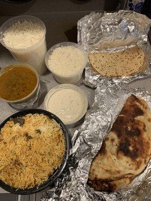 Chicken Biryani, Dal Maharani, Plain Naan, Basmati Rice, Papadum