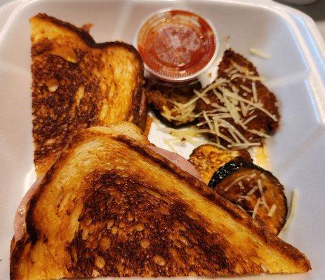 Really good grilled ham and cheese with fried zucchini and marinara!