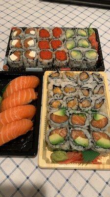 Philly, spicy tuna, avocado cucumber, salmon sushi, spicy scallop, Alaska