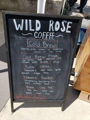 Menu for Wild Rose Coffee at the Slabtown Outdoor Market as of July 11, 2021