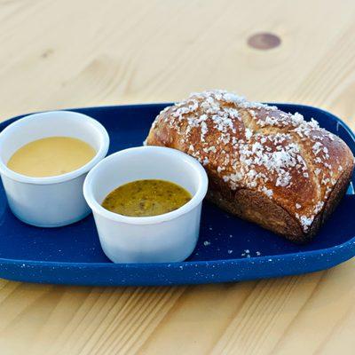 Sourdough Pretzel Roll with Cheese and Mustard