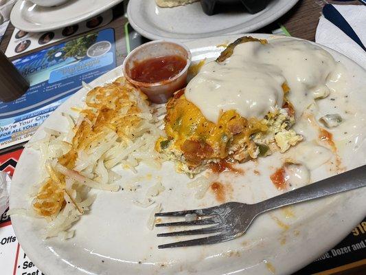 Veggie omelette, hash browns, biscuits and gravy