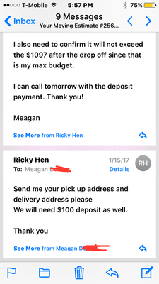 Email confirmation of quote and deposit.  See other photos for actual charges totaling $200 for deposit. FRAUD