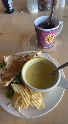 Pumpkin soup, Turkey and Cheese Sandwich on cranberry bread, green tea and chips