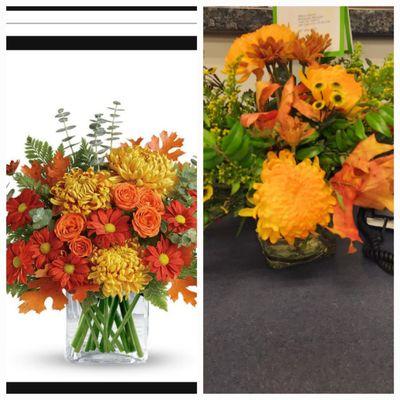 What I ordered versus what I got... complete scam! The arrangement had MAYBE 5 flowers total! Looks nothing like what I order.