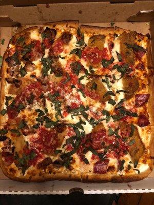 Eggplant Parmesan Pizza - Sicilian Style - half sausage half soppresata