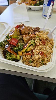 My fried rice with beef and broccoli and kung pow chicken