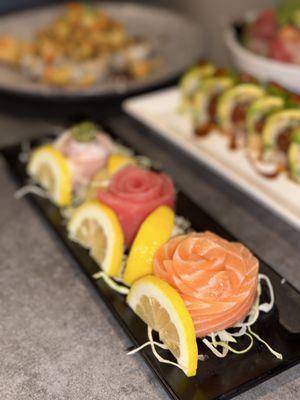 Sashimi Combo Dinner comes with salmon, tuna, and yellowtail